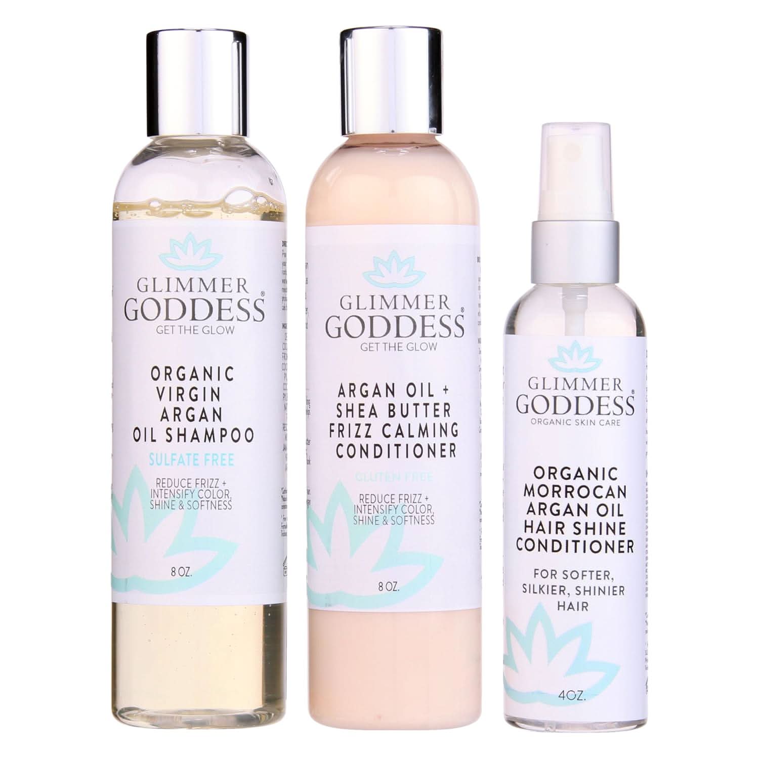 Glimmer Goddess Organic Argan Oil Hair Treatment Trio (Hydrating Shampoo, Deep Conditioner, Hair Shine Spray)